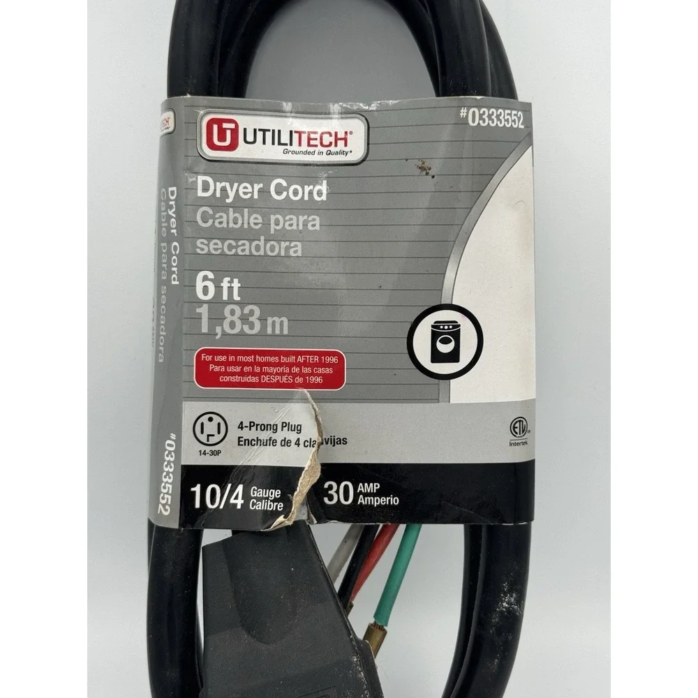 Utilitech Dryer Cord 6 ft 4 Prong Plug 10/4 Gauge 30 AMP 0333552